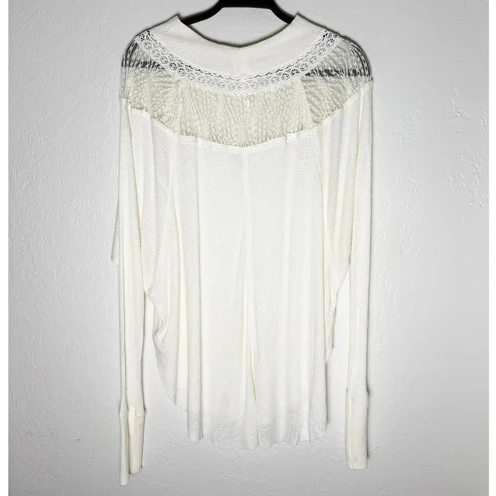 Free People Women's Ivory Spring Valley Lace Trim Lightweight Thermal Top Boho S